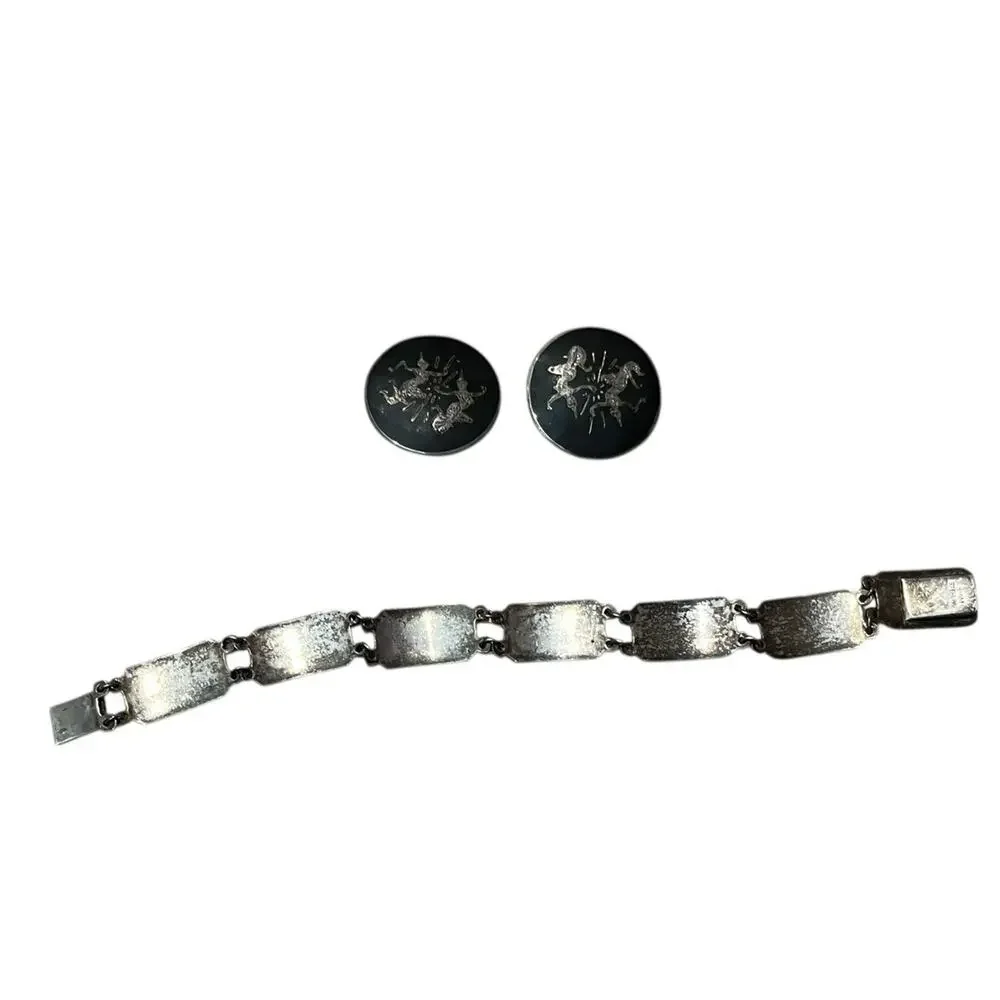 Vtg sterling Thai Siam Nielloware Link 8” bracelet & Earrings (1.25”)